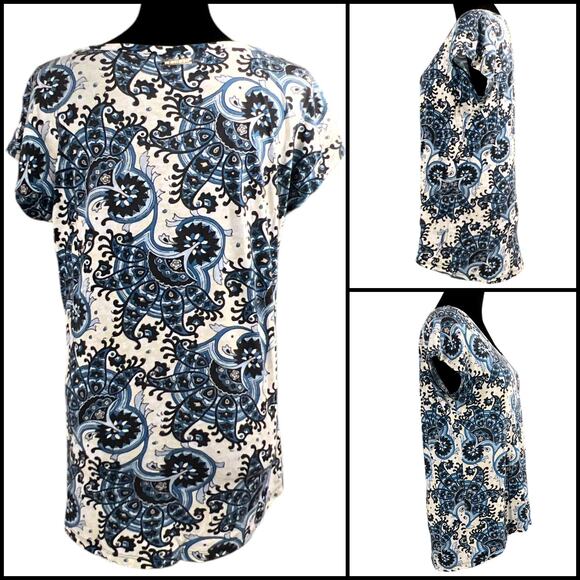 Michael Michael Kors Paisley Cap Sleeve Scoop Neck Top Sz Small Blue White Cream - Picture 4 of 11